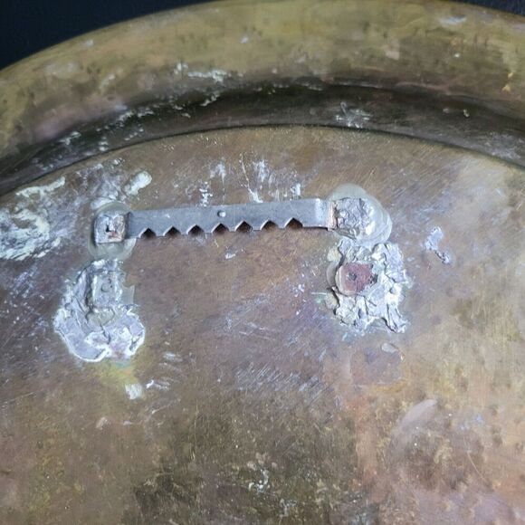 Vintage 1970Brass Tray MCM India etch design has wall mount 16" Diameter patina - Picture 11 of 12